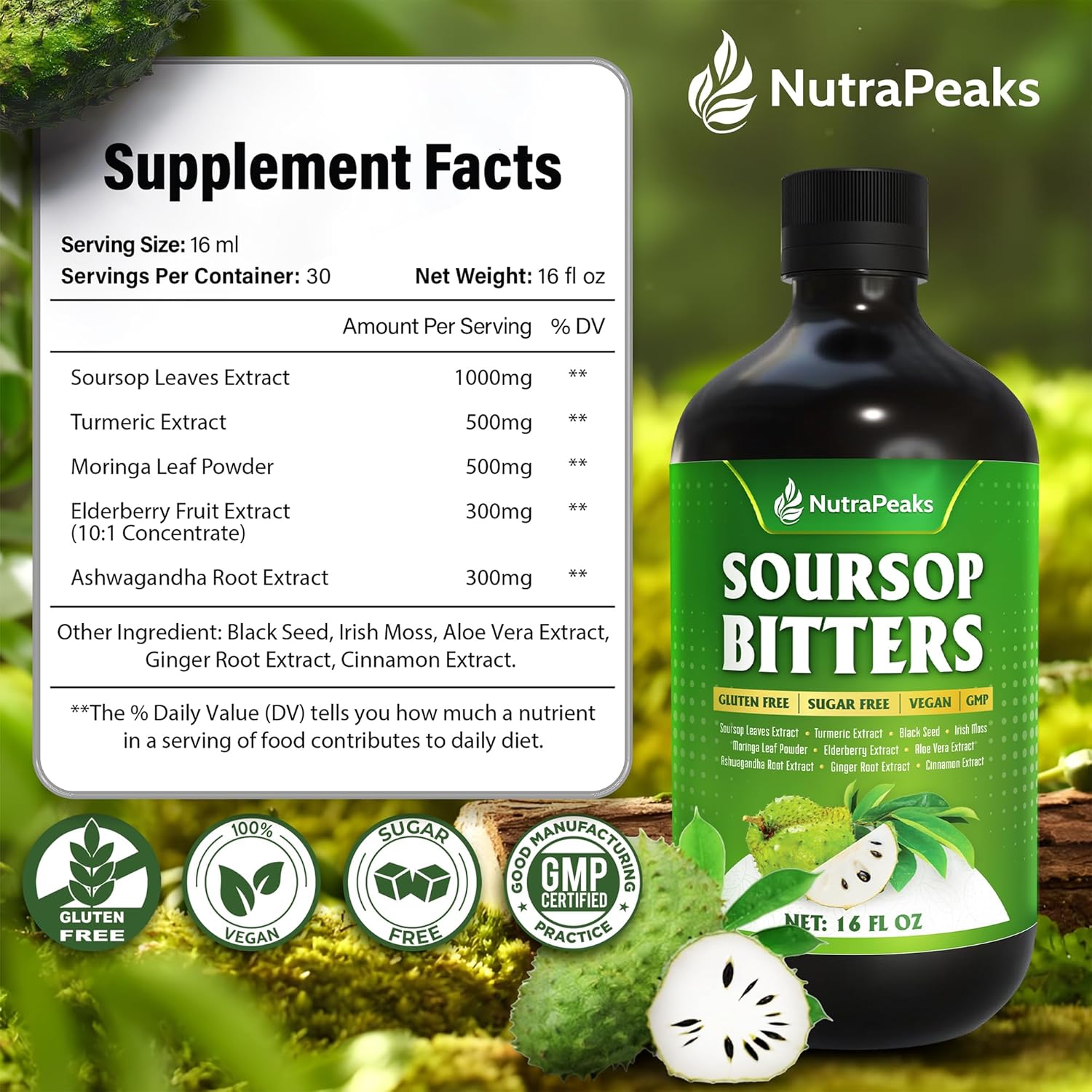 Soursop Bitters Liquid – Herbal Detox Formula with Soursop, Turmeric, Moringa & Black Seed by NutraPeaks – Supports Immune Health & Digestive Balance – 16 fl oz