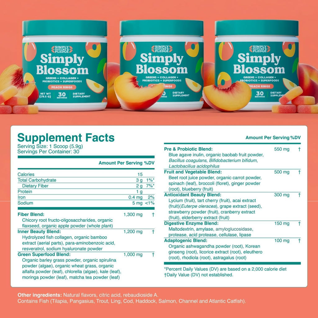 Simply Blossom Nutrition Daily Greens & Superfood Powder + Collagen + Probiotics for Women's Digestive Health & Bloating Relief. Help Your Health Bloom - 3 Month Supply- Peach Rings