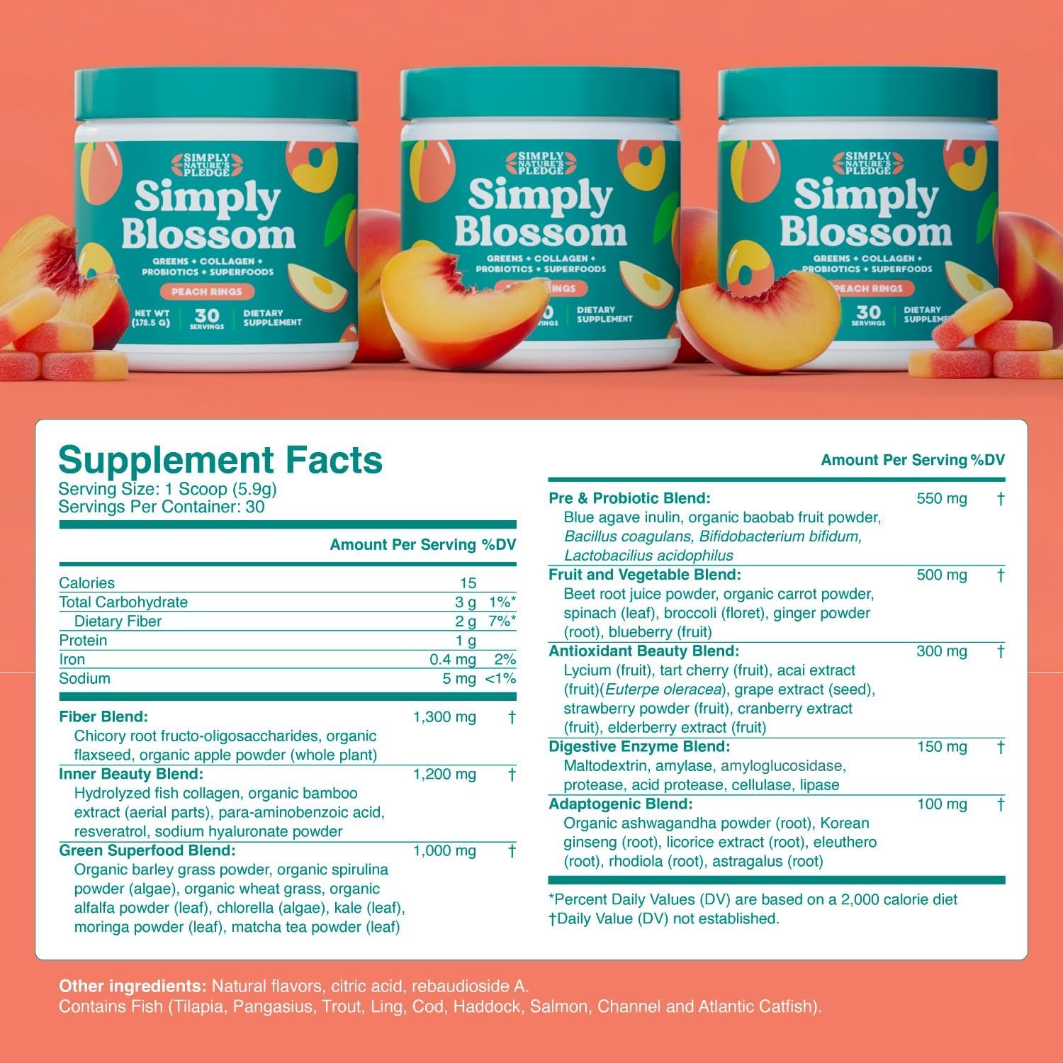 Simply Blossom Nutrition Daily Greens & Superfood Powder + Collagen + Probiotics for Women's Digestive Health & Bloating Relief. Help Your Health Bloom - 3 Month Supply- Peach Rings