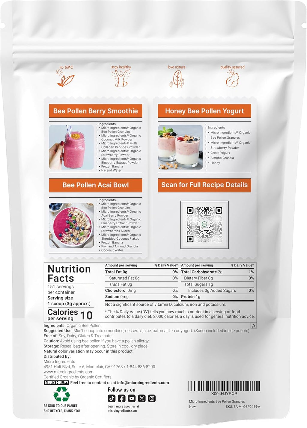 Micro Ingredients Organic Bee Pollen Granules, 1 lb | Fresh Harvest, Raw & Natural Superfood | Rich in B Vitamins, Minerals, Protein & Antioxidants | Keto, Non-GMO