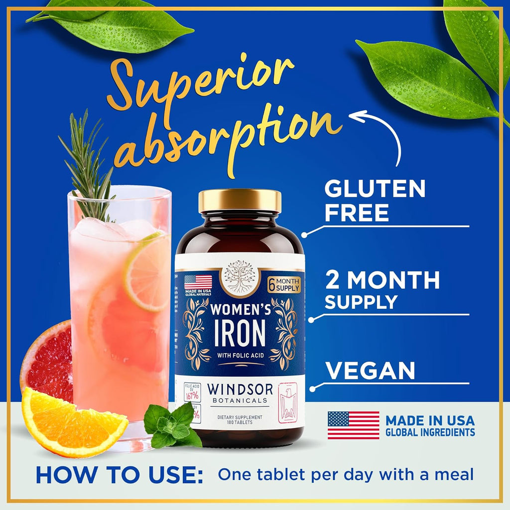 Iron and Folic Acid Supplements for Women - 35mg Gentle Iron Vitamin, Folic Acid 400mcg - Anemia, Period, Pregnancy Support Supplement, Ferrous Sulfate Pills - 60 Vegan Non-Constipating Tablets