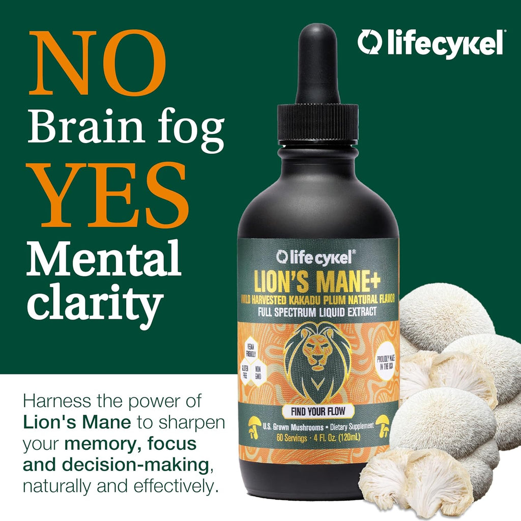 Lifecykel - Lion's Mane Mushroom Extract with Kakadu Plum - Brain Booster Nootropic for Memory, Focus & REM Sleep - Non-GMO, Organic Mushroom Tincture - 4 Fl Oz (60 Servings)
