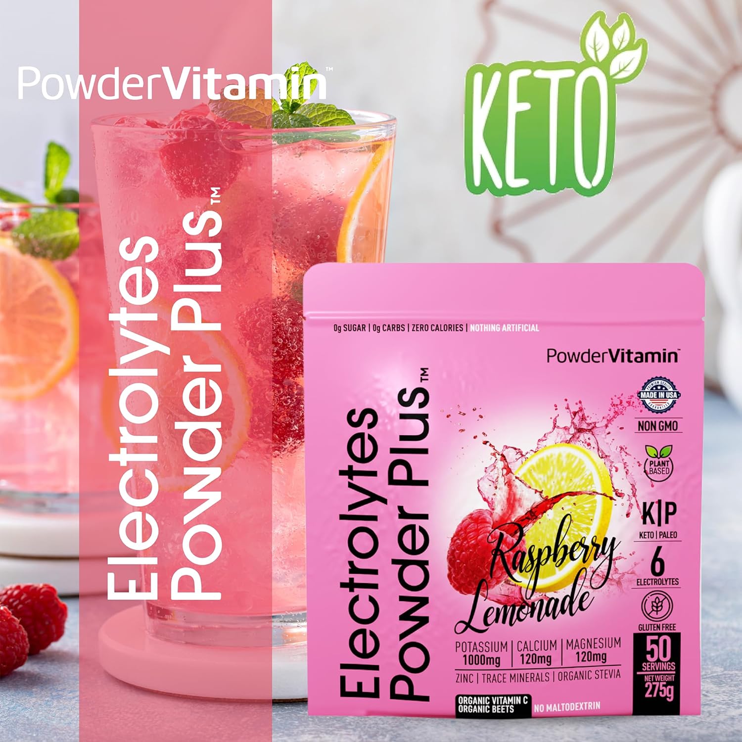 PowderVitamin Electrolytes Powder Plus (50 Servings) Raspberry Lemonade Electrolyte Powder Zero Calorie Keto, 0 Sugar, No Maltodextrin,1000mg Potassium,120mg Calcium,120mg Magnesium, Hydration Powder