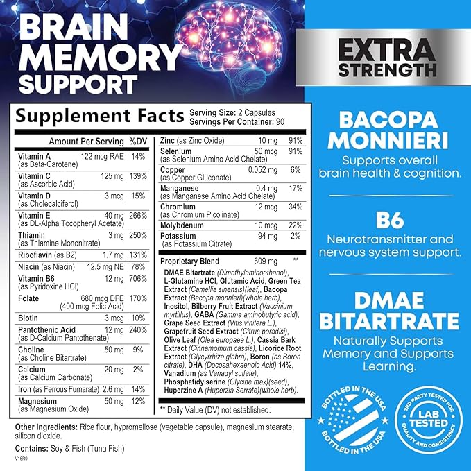 Brain Memory Supplement Pills - 3X Strength Nootropics for Concentration, Clarity & Focus Support - Brain Health Cognitive Vitamins with Bacopa, Phosphatidylserine & DMAE, Brain Booster - 180 Capsules