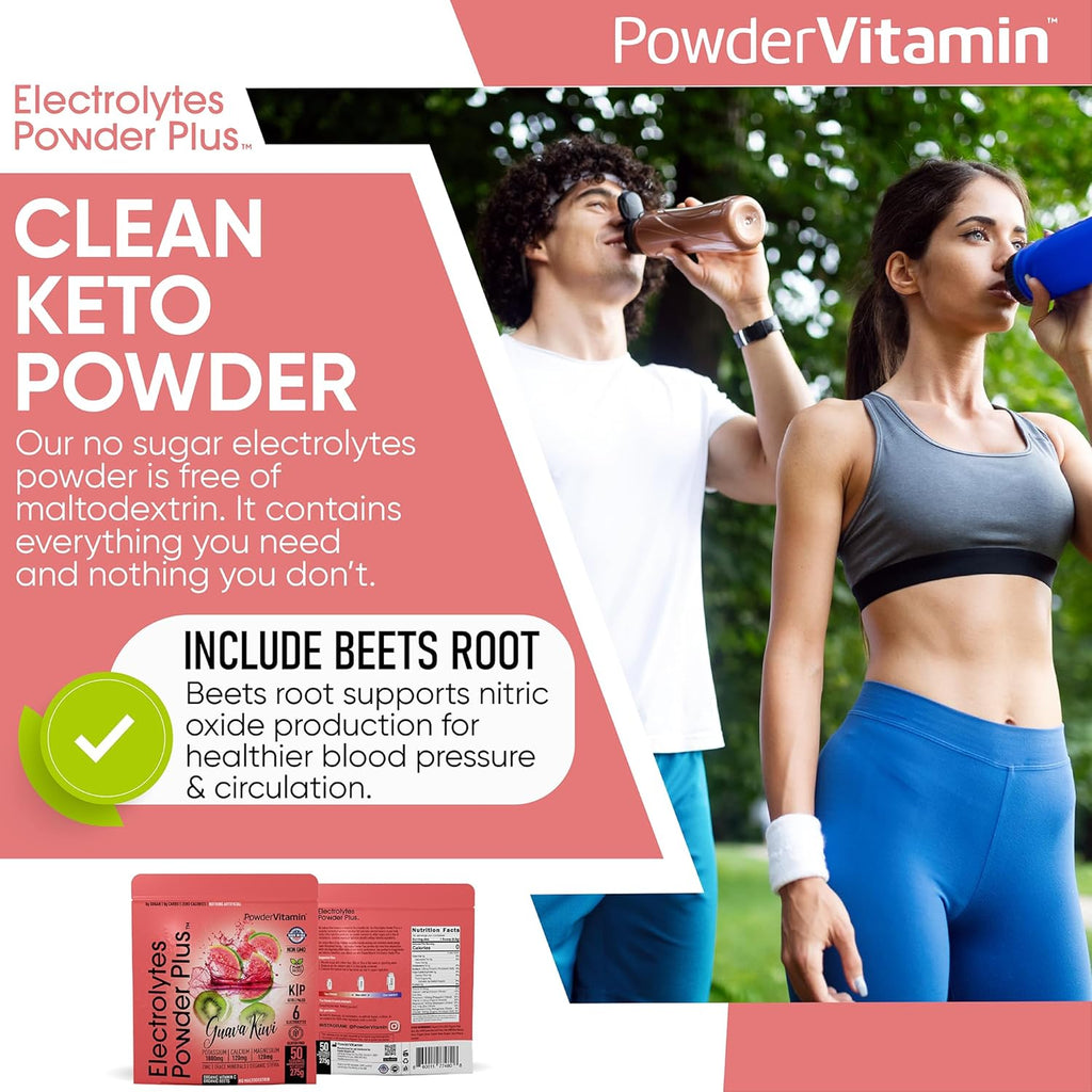 PowderVitamin Electrolytes Powder Plus (50 Servings) Guava Kiwi Electrolyte Powder Zero Calorie Keto, 0 Sugar, No Maltodextrin,1000mg Potassium,120mg Calcium,120mg Magnesium, Hydration Powde