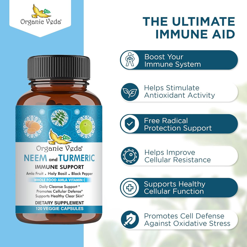 Organic Veda Neem & Turmeric Capsules with Amla Fruit, Tulsi, Holy Basil, Black Pepper Extract - Immune Support Dietary Supplement - Boosts Healthy Clear Skin & Cellular Defense - 120 Vegan Capsules
