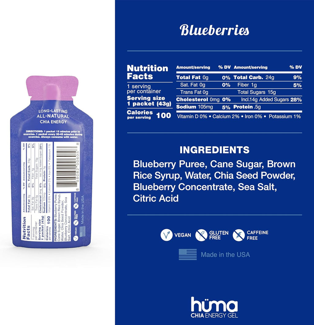 Huma Chia Energy Gel, Blueberries, 24 Gels - Premier Sports Nutrition for Endurance Exercise