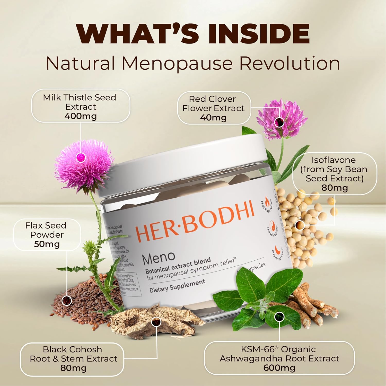 Meno- Menopause Hormonal Balance for Women, Estrogen Soy Isoflavones Menopause Supplement for Women, Ashwagandha, Black Cohosh Hot Flashes Menopause Relief, Night Sweats Relief 180Caps