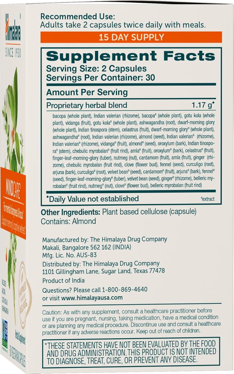Himalaya MindCare - Nootropic Herbal Brain Supplements for Memory and Focus Support - Vegan, Non-GMO, Gluten Free, 1170 mg, 60 Capsules
