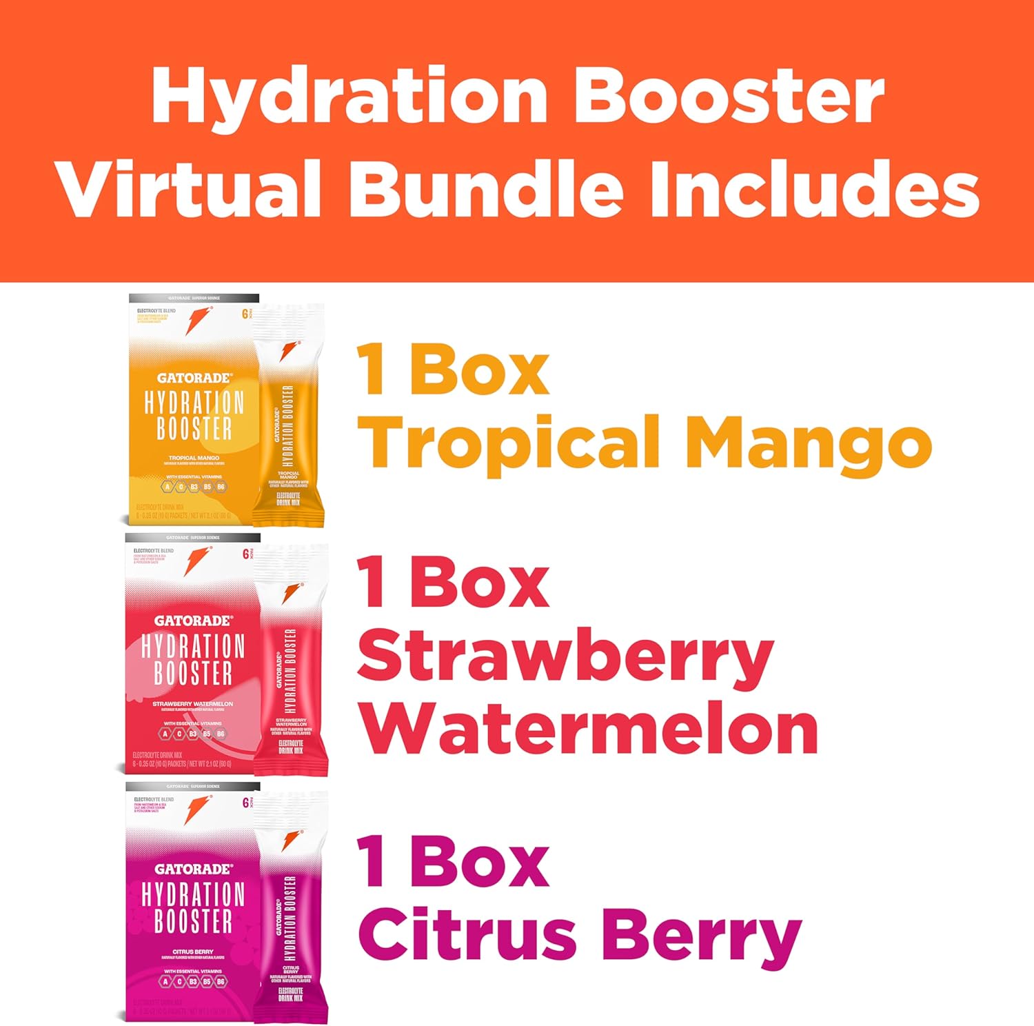 Gatorade Hydration Booster - All 3 Flavors (Strawberry Watermelon, Tropical Mango, Citrus Berry)