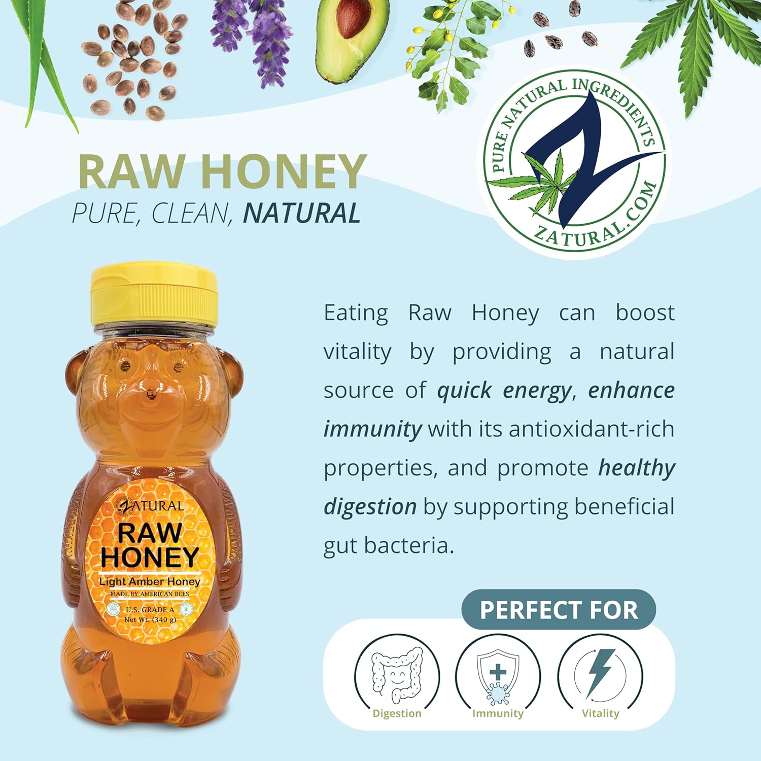 Zatural 100% Pure, Raw & Unfiltered Honey - Delicous Taste, Easy To Use Bear Bottle (12 Ounces)