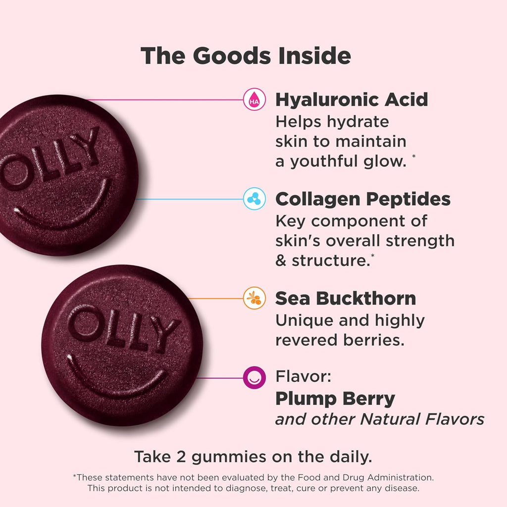 OLLY Glowing Skin Collagen Gummy, Hydrated, Youthful Skin, Hyaluronic Acid, Sea Buckthorn, Chewable Supplement, Berry, 60 Day Supply - 120 Count Pouch