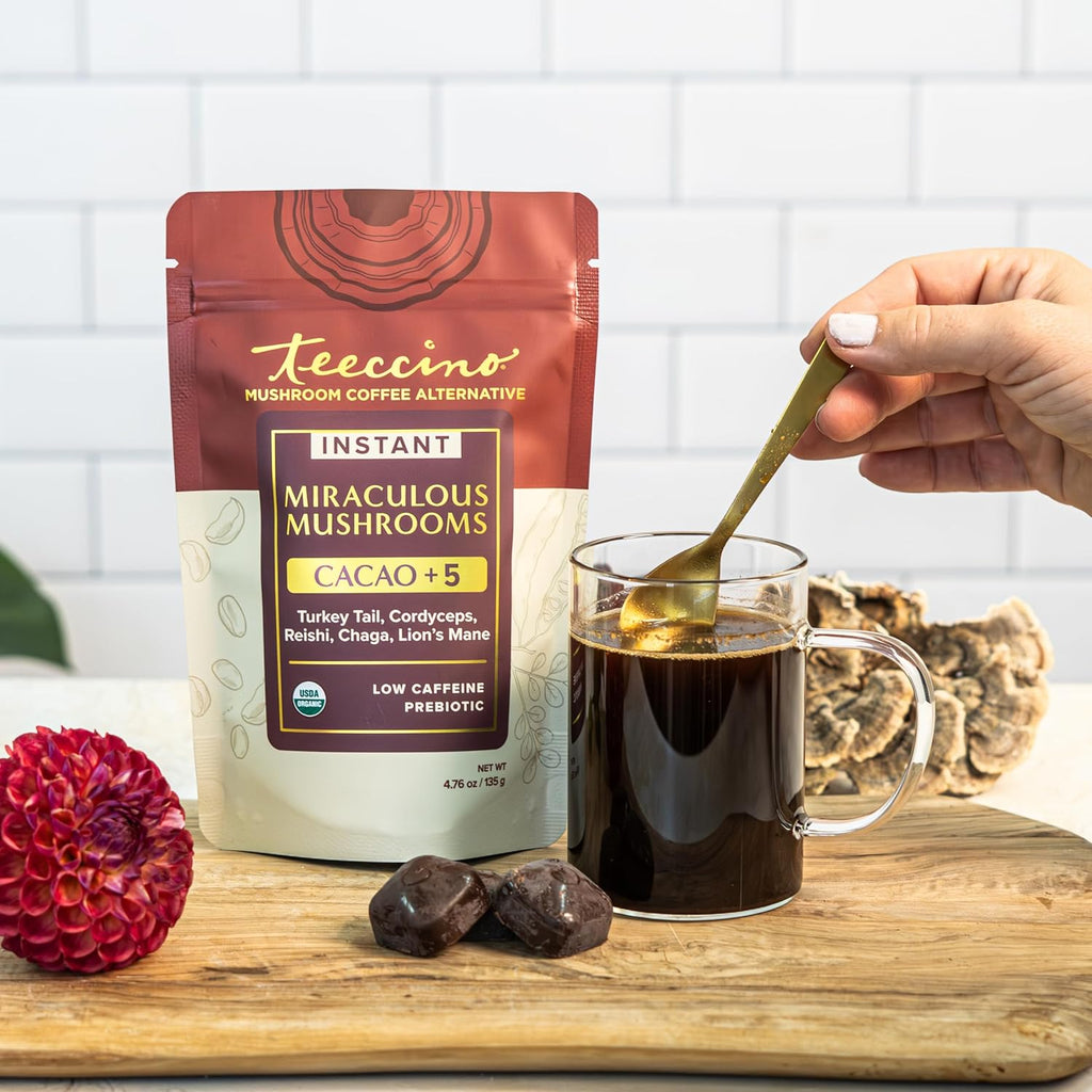 Miraculous Mushrooms Instant Cacao+5 Coffee Alternative by Teeccino – 15 servings - 5 Organic Adaptogenic Mushrooms with Cacao - Reishi, Lion’s Mane, Chaga, Turkey Tail, Cordyceps - Caffeine Free, Prebiotic - 4.7 ounces
