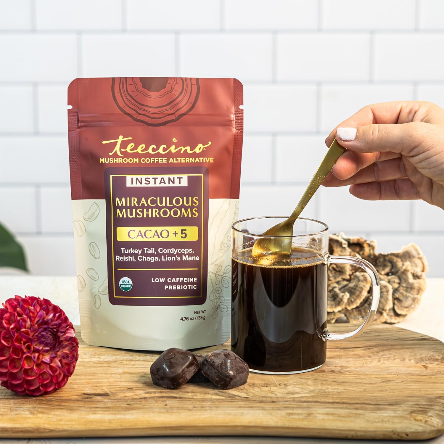Miraculous Mushrooms Instant Cacao+5 Coffee Alternative by Teeccino – 15 servings - 5 Organic Adaptogenic Mushrooms with Cacao - Reishi, Lion’s Mane, Chaga, Turkey Tail, Cordyceps - Caffeine Free, Prebiotic - 4.7 ounces