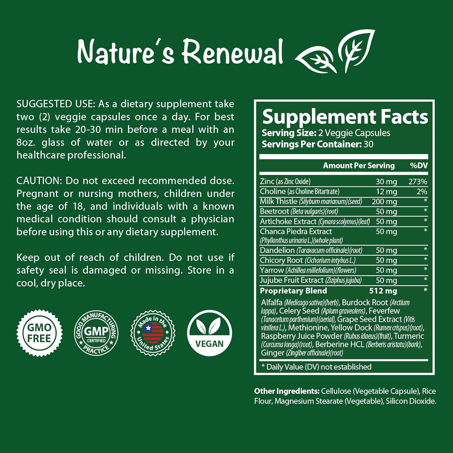 Nature's Renewal Liver Support Supplement – Cleanse Detox Repair Renew Recovery Formula with Milk Thistle, Dandelion Root, Artichoke Extract, Choline, Turmeric – 60 Capsules