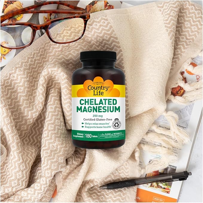 Country Life Chelated Magnesium 250mg - Supports Heart, Bone & Muscle Health, Vegan-Friendly Magnesium Supplement with Magnesium Oxide and Amino Acid Chelate, Gluten-Free