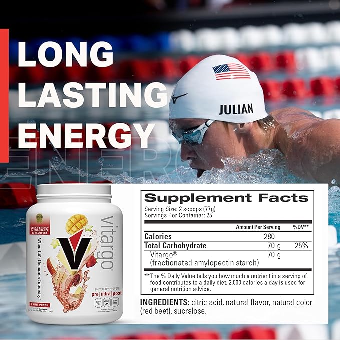 Vitargo Carbohydrate Powder, 2X Faster Digesting - 4.4 LB Fruit Punch, No Bloat, No Crash, Pre, Intra & Post, Sugar-Free Complex Carb Powder for Recovery, Endurance & Muscle Gain, Made in USA
