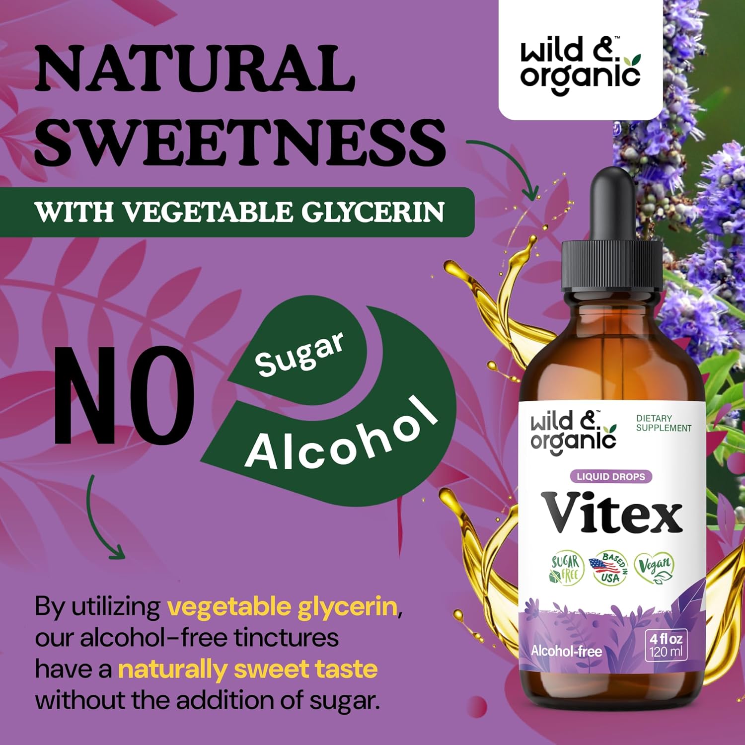 Wild & Organic Vitex Tincture - Vitex Chasteberry Supplement for Women - Liquid Chaste Tree Berry Extract for Good Mood - Vegan, Sugar & Alcohol-Free Herb Drops - 4 fl oz