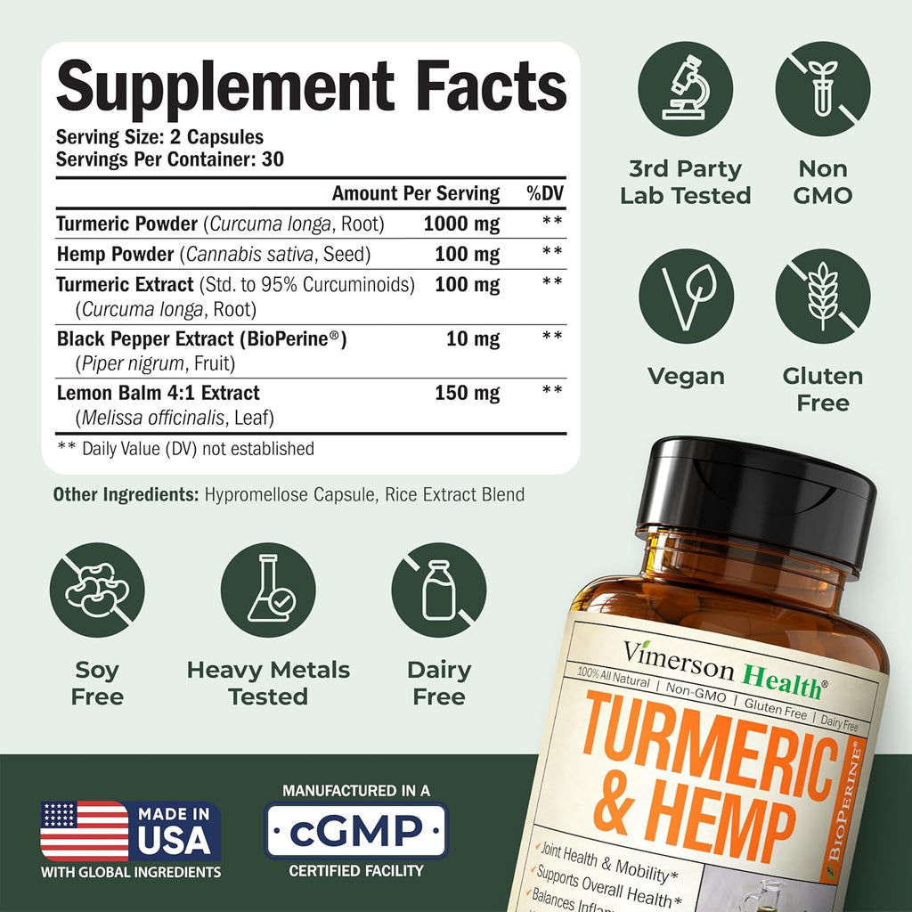 Turmeric Curcumin Supplement with Hemp Seeds & Lemon Balm Extract – Joint Health & Mobility – Calm Mood & Restful Sleep – with Black Pepper for Absorption – Joint Supplement for Men & Women - 2 Pack