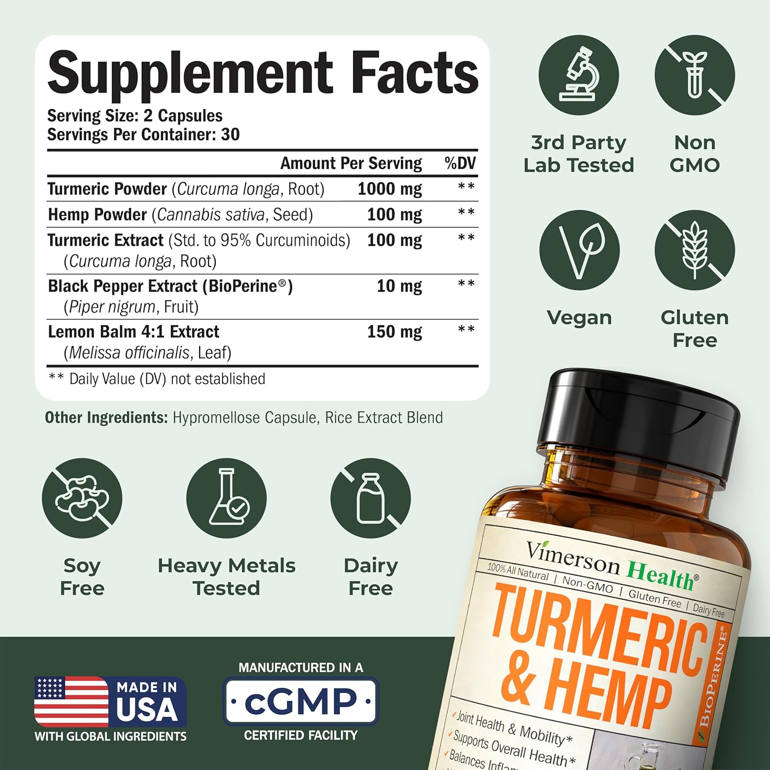 Turmeric Curcumin Supplement with Hemp Seeds & Lemon Balm Extract – Joint Health & Mobility – Calm Mood & Restful Sleep – with Black Pepper for Absorption – Joint Supplement for Men & Women - 2 Pack