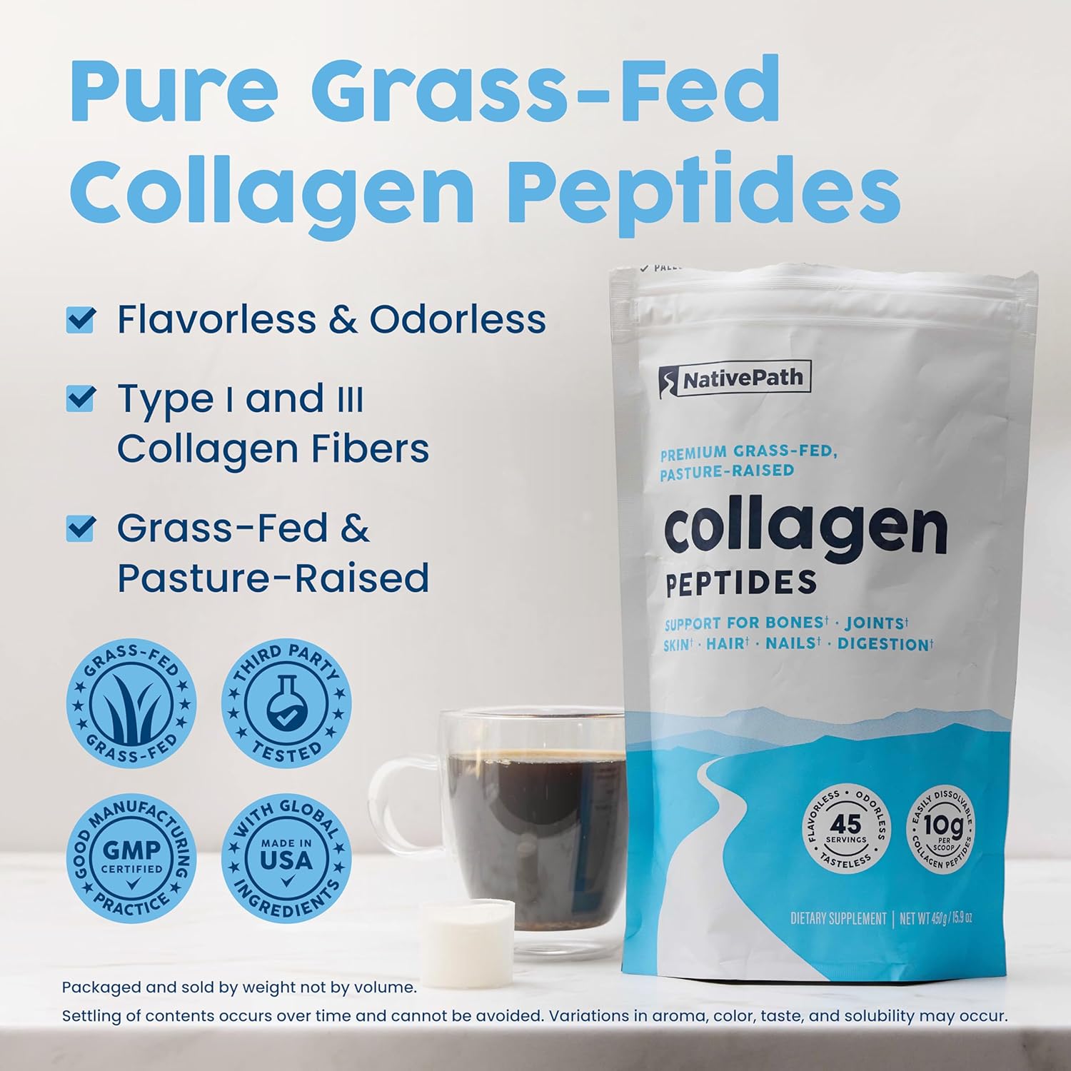 NativePath Collagen Peptides Protein - Hydrolyzed Type 1 & 3 Collagen Powder for Skin, Hair, Nails - 15.9 oz (45 Servings)