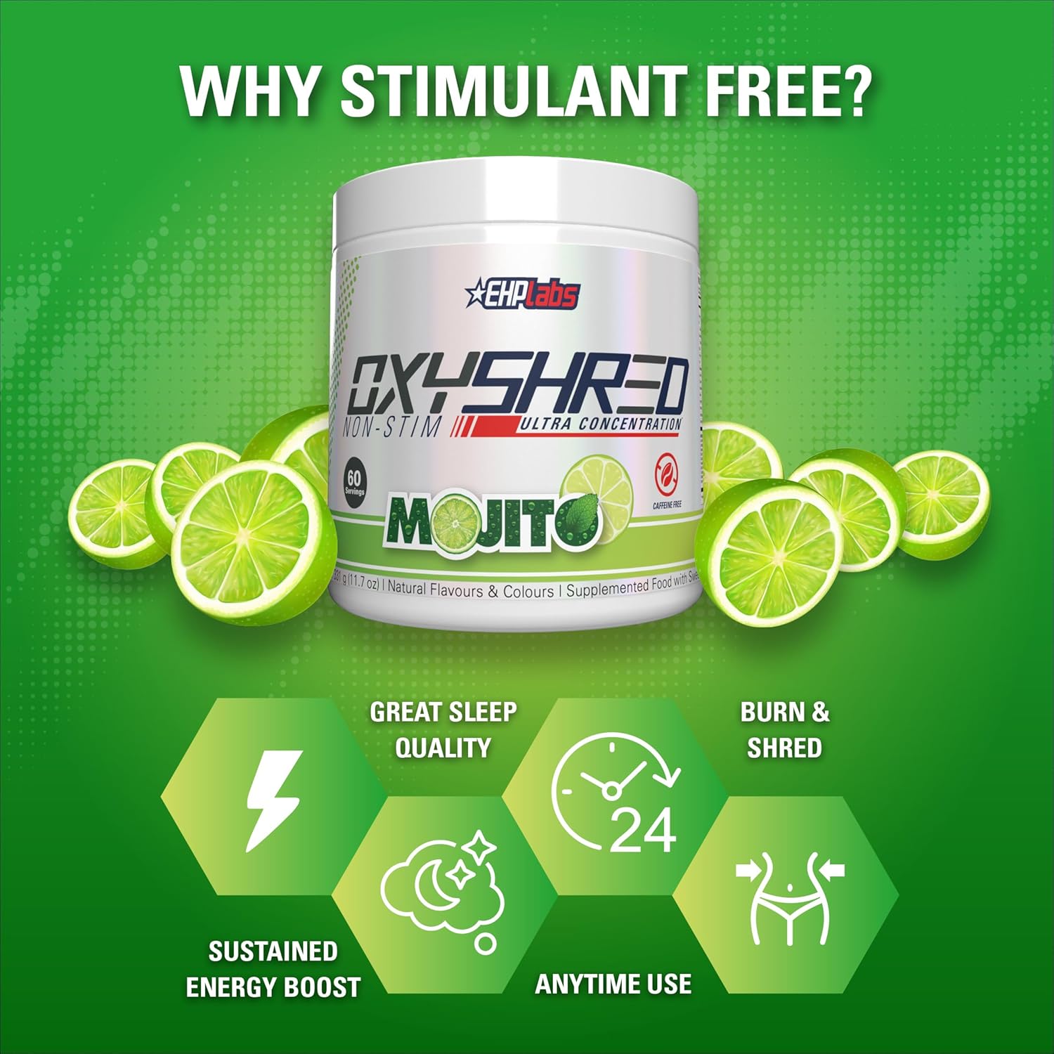 EHP Labs OxyShred Non Stimulant Pre Workout Powder - Stim Free Pre Workout, Caffeine Free Preworkout for Men & Women - Non Stim Preworkout - Sugar Free Energy Powder - Mojito, 60 Servings