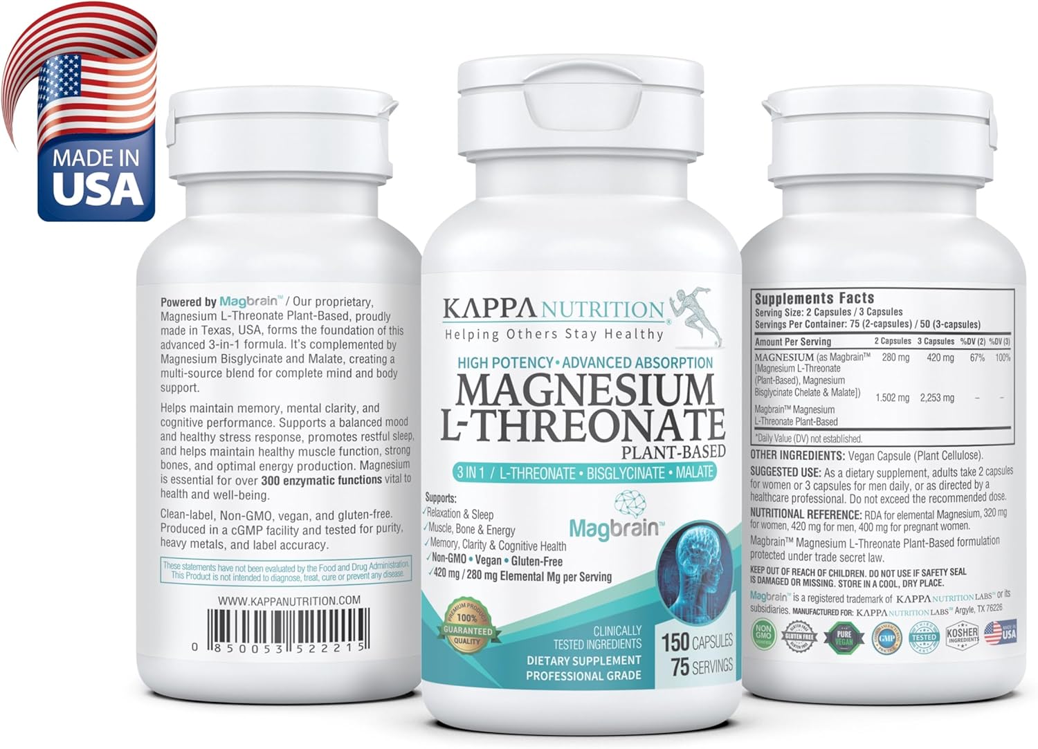 Kappa Nutrition Magbrain™ Magnesium L-Threonate Plant-Based, 420mg Elemental Magnesium (3 Capsules) from 2,253mg, 150 Vegan Capsules, Brain, Sleep & Muscle Support.