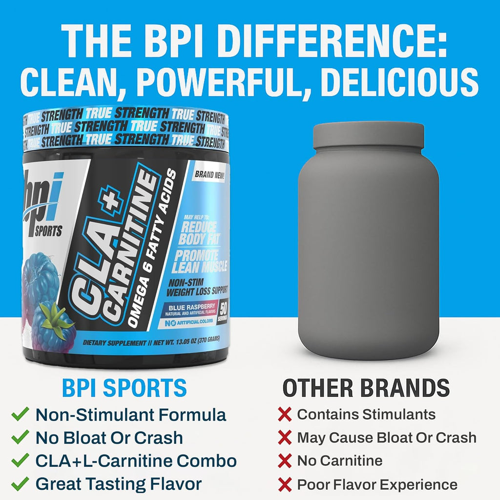 BPI Sports CLA+Carnitine – CLA L Carnitine & Linoleic Acid – L Carnitine Supplement for Weight Loss, Metabolism & Lean Muscle – Caffeine Free – Blue Raspberry – 50 Servings – 12.34 oz
