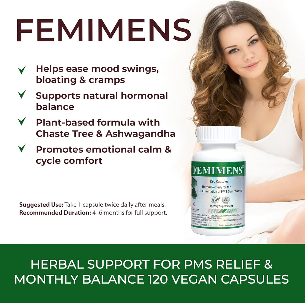 FEMIMENS – PMS Support Supplement for Women – PMS Relief for Women & Menstrual Cramp Relief – Hormonal Balance for Women – Chasteberry Vitex, Ashwagandha, Ginger, Fenugreek – 120 Vegan Capsules