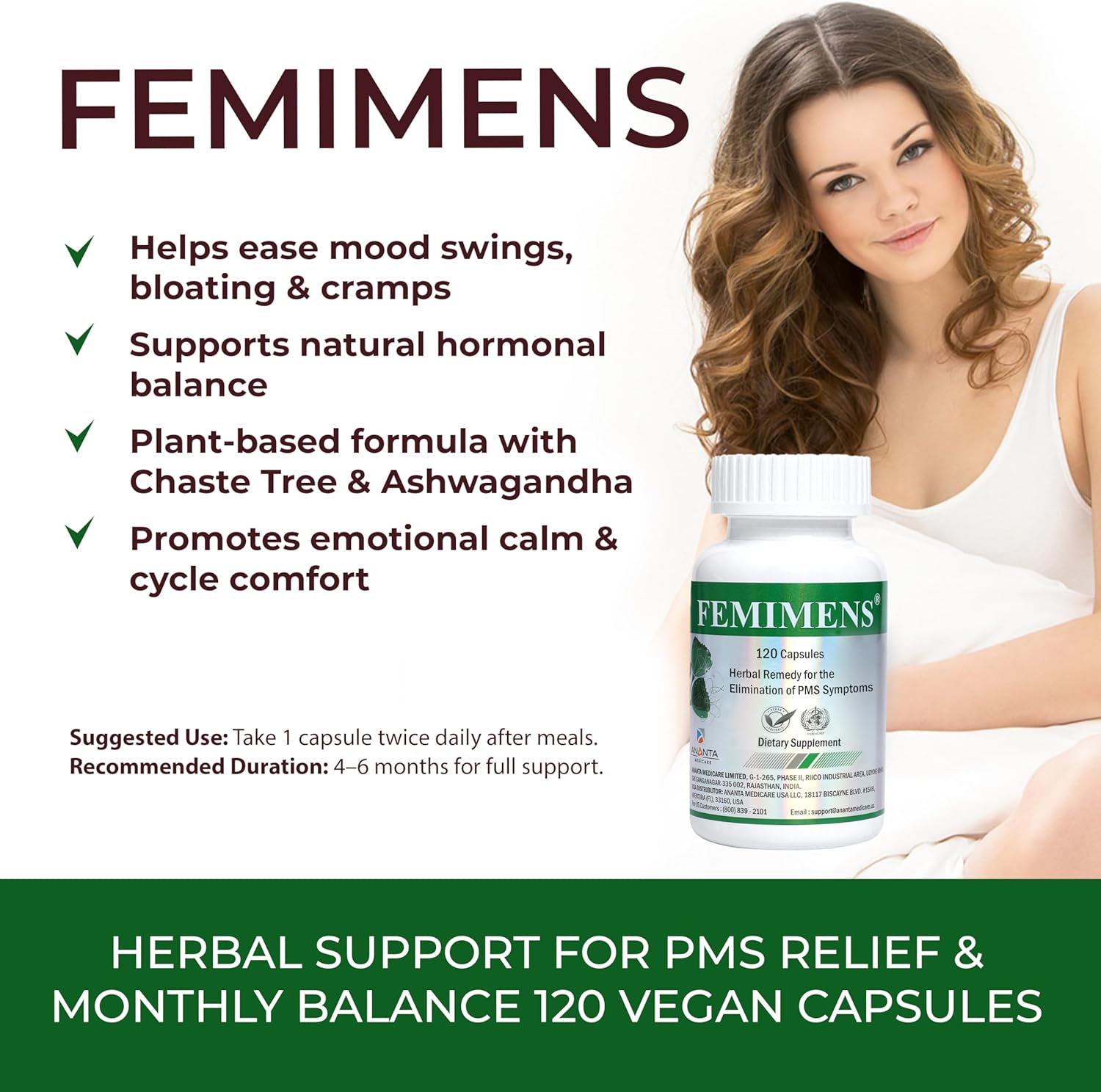 FEMIMENS – PMS Support Supplement for Women – PMS Relief for Women & Menstrual Cramp Relief – Hormonal Balance for Women – Chasteberry Vitex, Ashwagandha, Ginger, Fenugreek – 120 Vegan Capsules