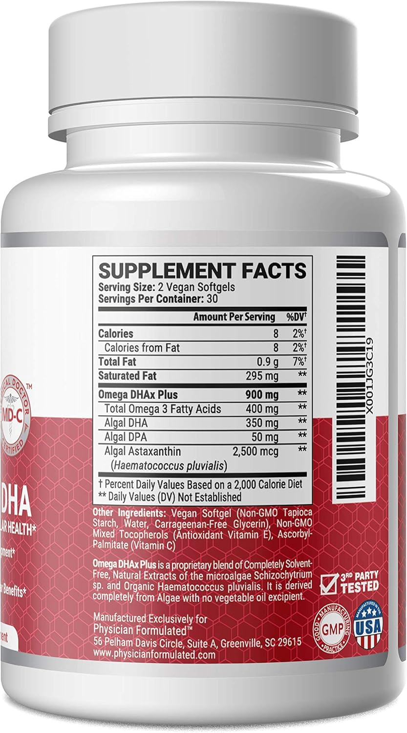 Vegan DHA for Brain and Prenatal 100% Algae Based Omega 3 Essential Fatty Acids with NO Carrageenan, NO Vegetable Oil Plus 2500mcg Astaxanthin