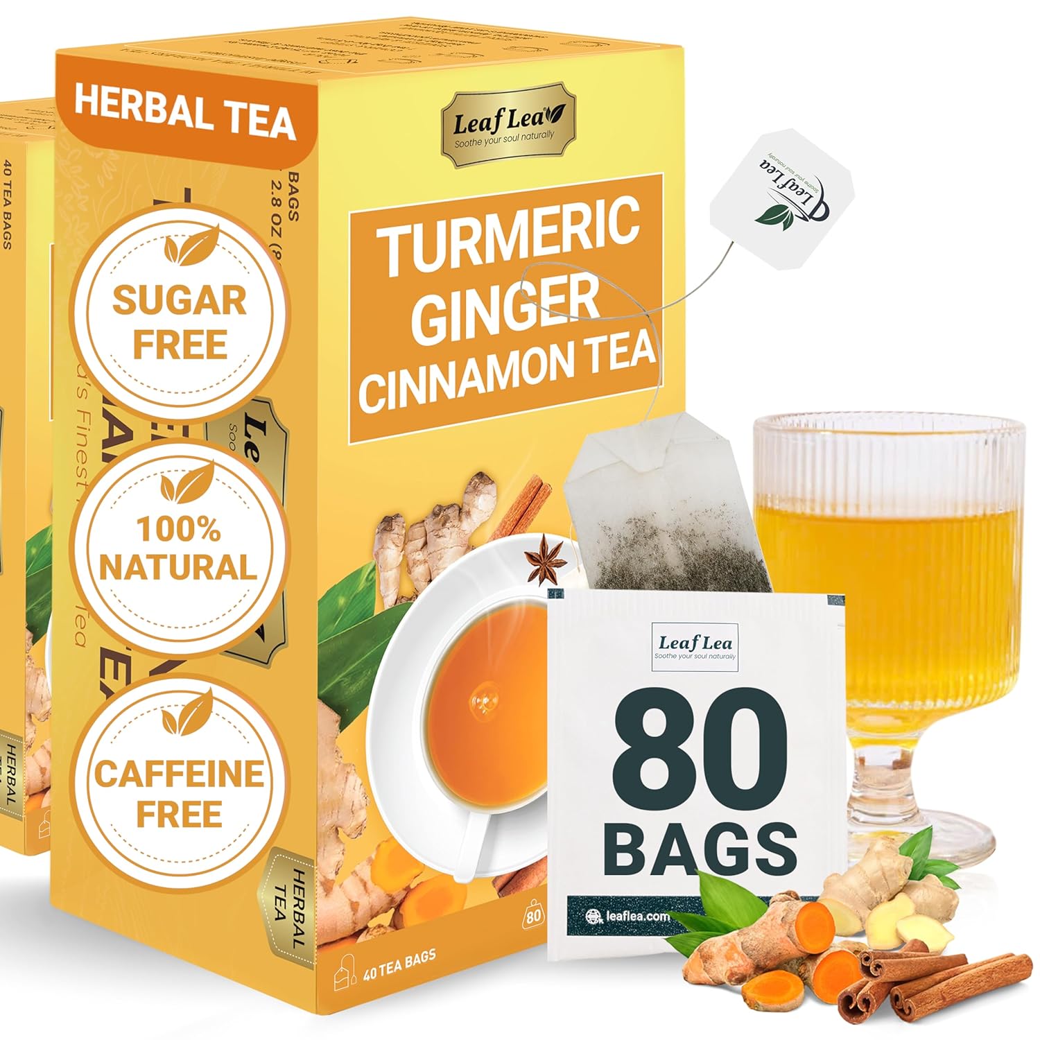 LeafLea Turmeric Tea with Ginger and Cinnamon, 80 Premium Turmeric Ginger Tea Bags, 100% Natural Ingredients Herbal Tea, Vegan, No Sugar, Caffeine-Free, Each Tea Bag Sealed for Fresh Flavor