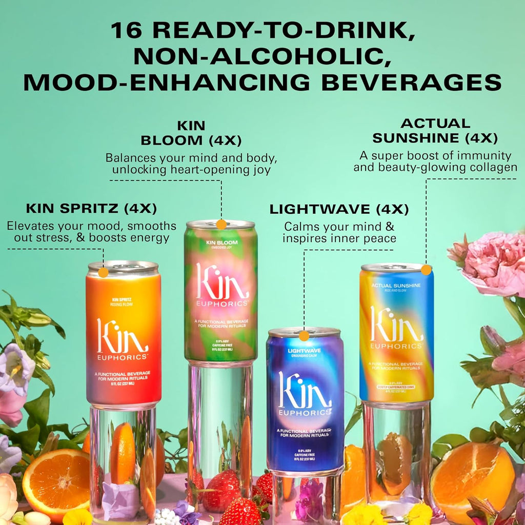 Kin Variety 16 Pack with 4 Spritz, 4 Lightwave, 4 Bloom, and 4 Actual Sunshine by Kin Euphorics, Non Alcoholic Spirits, Ready to Drink, Awaken The Mind, Calm Your Mood, and Conjure Clarity, 8 Fl Oz