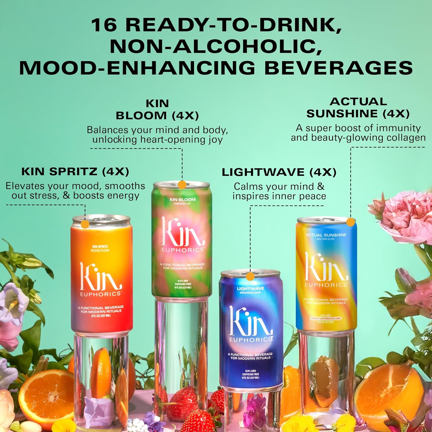 Kin Variety 16 Pack with 4 Spritz, 4 Lightwave, 4 Bloom, and 4 Actual Sunshine by Kin Euphorics, Non Alcoholic Spirits, Ready to Drink, Awaken The Mind, Calm Your Mood, and Conjure Clarity, 8 Fl Oz