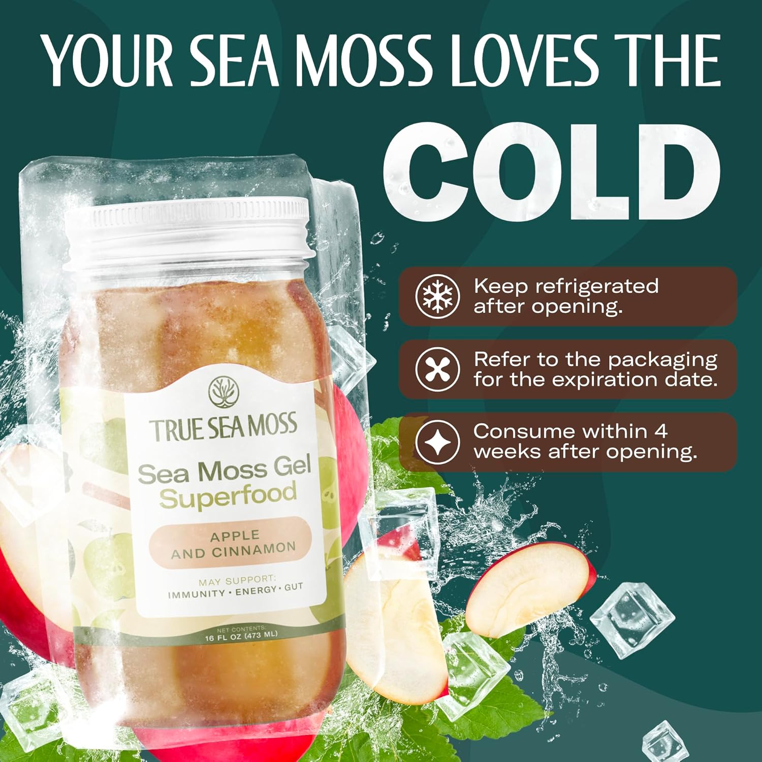 TrueSeaMoss Sea Moss Gel – Made in USA – Wildcrafted Seamoss, Fresh Fruits & Sea Vegetables – Apple/Cinnamon, Pack of 2 (Labels may Vary)