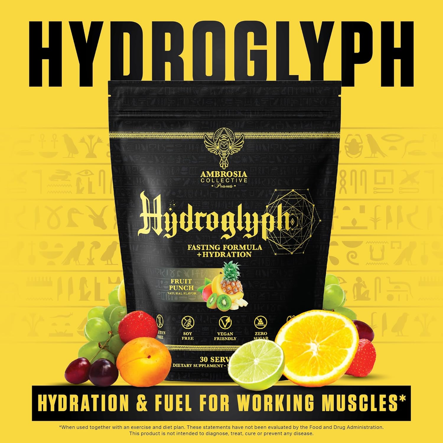 Ambrosia Hydroglyph Intraworkout Electrolytes Hydration Drink Mix | Sugar Free Electrolyte Powder with Amino Acids | Supports Lean Muscle During Fasting | 30 Servings | Fruit Punch