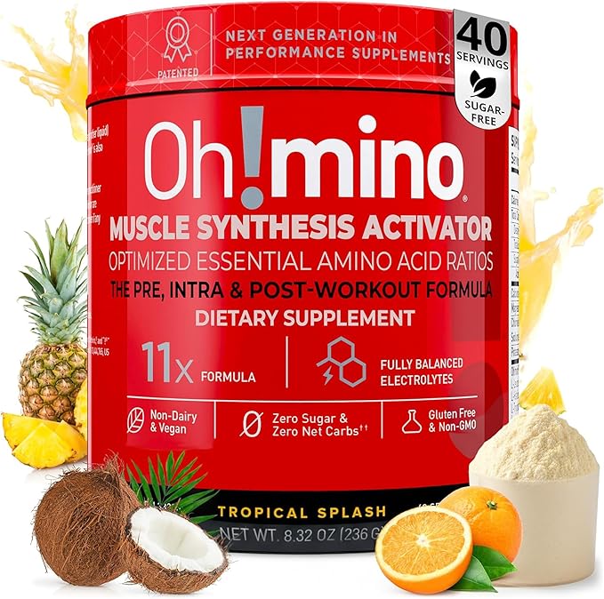 Oh!mino Essential Amino Acids Supplement Drink Powder, Tropical Splash, Cafeeinated Powder, All 9 EAAs, BCAAs and The Perfect Amino for Workouts, Amino Energy, and to Build Muscle, and Recover Faster