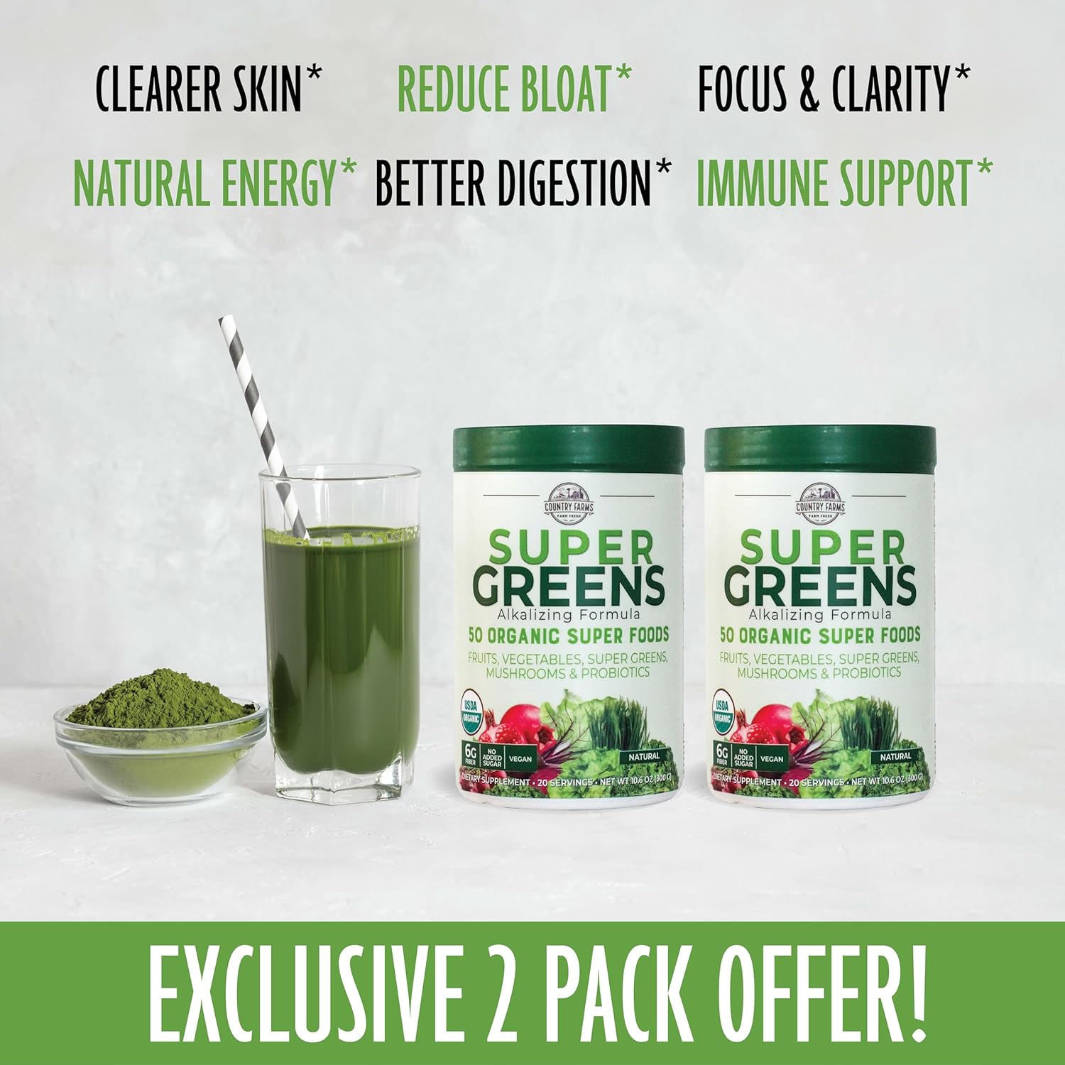 Country Farms Super Greens Natural Flavor, 50 Organic Super Foods, USDA Organic Drink Mix, Fruits, Vegetables, Super Greens, Mushrooms & Probiotics, Supports Energy, 40 Servings, 10.6 Oz, 2 Pack