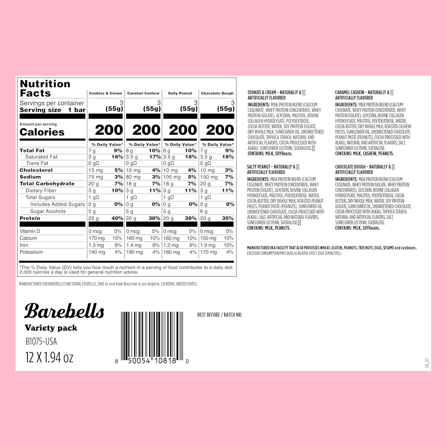 Barebells Protein Bars Variety Pack - 24 Bars (2 Packs of 12), 20g High Protein Treats - Chocolate Nutrition Bars with No Added Sugar - On-The-Go Breakfast or Post-Workout Snack