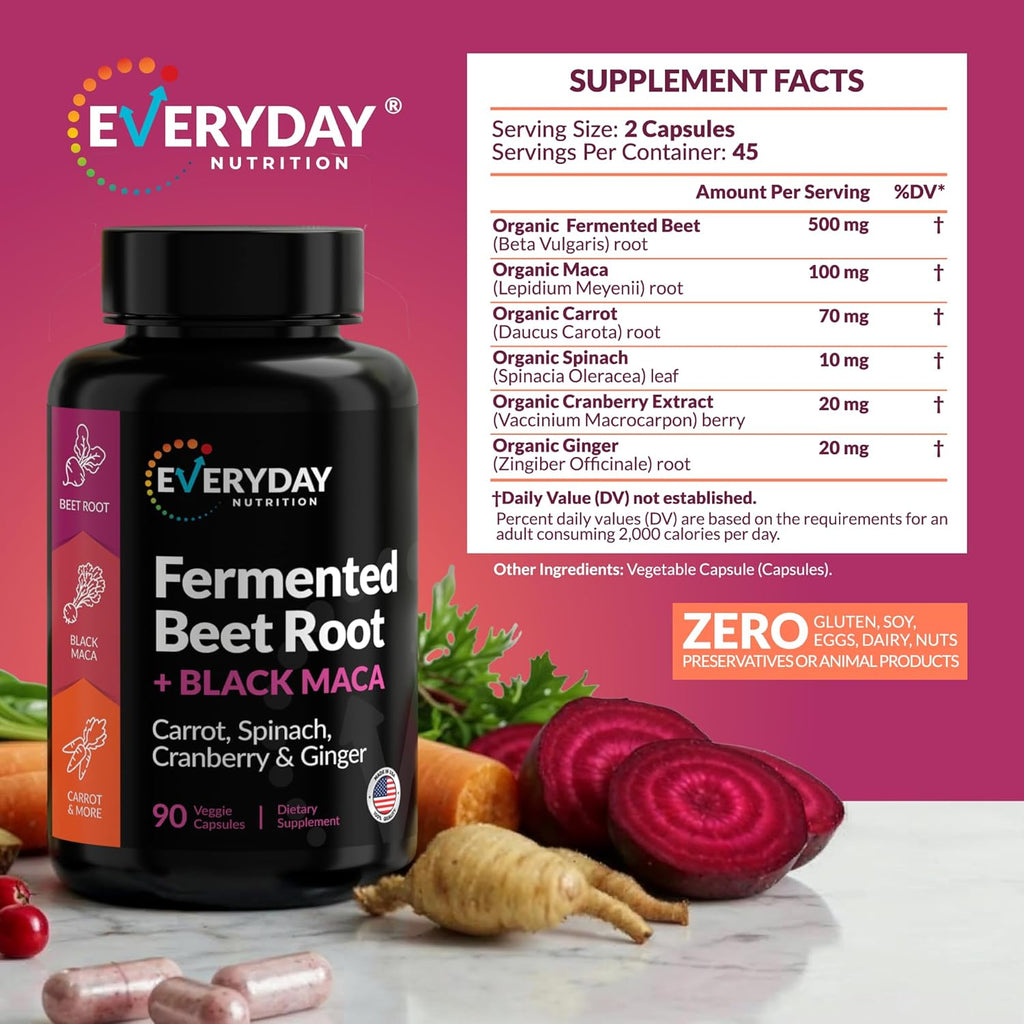 Organic Fermented Beet Root, Black Maca, Carrot, Spinach, Cranberry, Ginger |Enhanced Overall Health for Women & Men | Made in USA | 90 Veggie Capsules