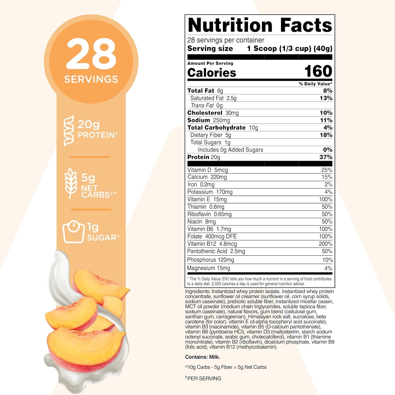 TransformHQ Meal Replacement Shake Powder 28 Servings (Peach Milkshake) - Gluten Free, Non-GMO