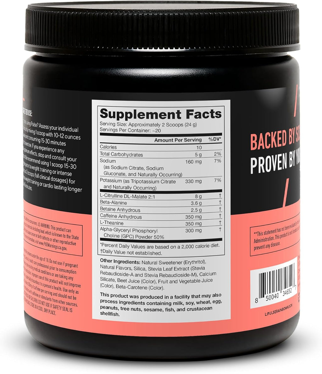 LEGION Pulse Pre Workout - All Natural Nitric Oxide Preworkout Drink to Boost Energy, Creatine Free, Naturally Sweetened, Beta Alanine, Citrulline, Alpha GPC (Rainbow Sherbet)