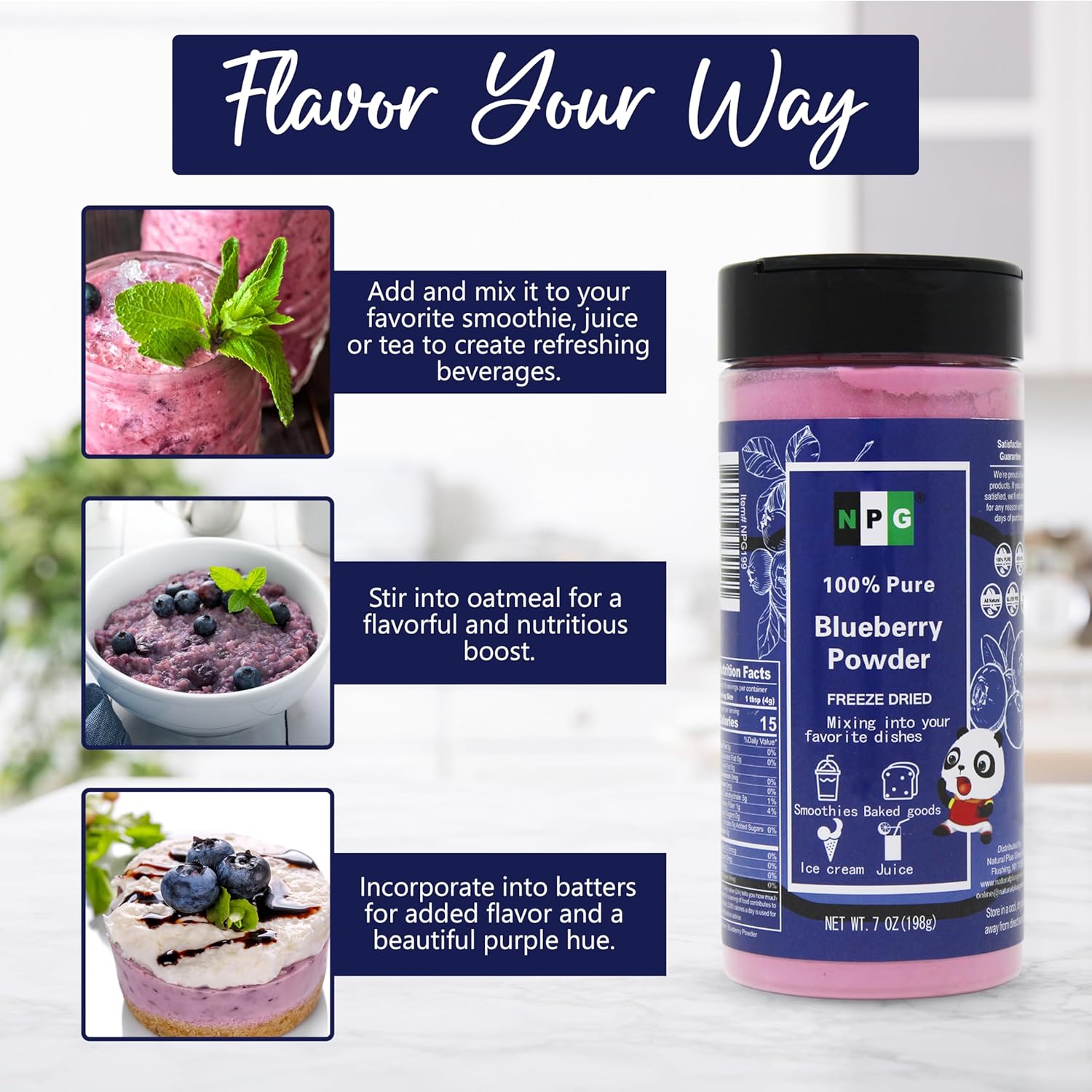 NPG Frezee-Dried Blueberry Powder 7 Oz, Seedless Fine Powder from Wild Wild Blueberries for Smoothies, Baking, Beverages, and Natural Food Coloring, No Sugar Added, Non-GMO