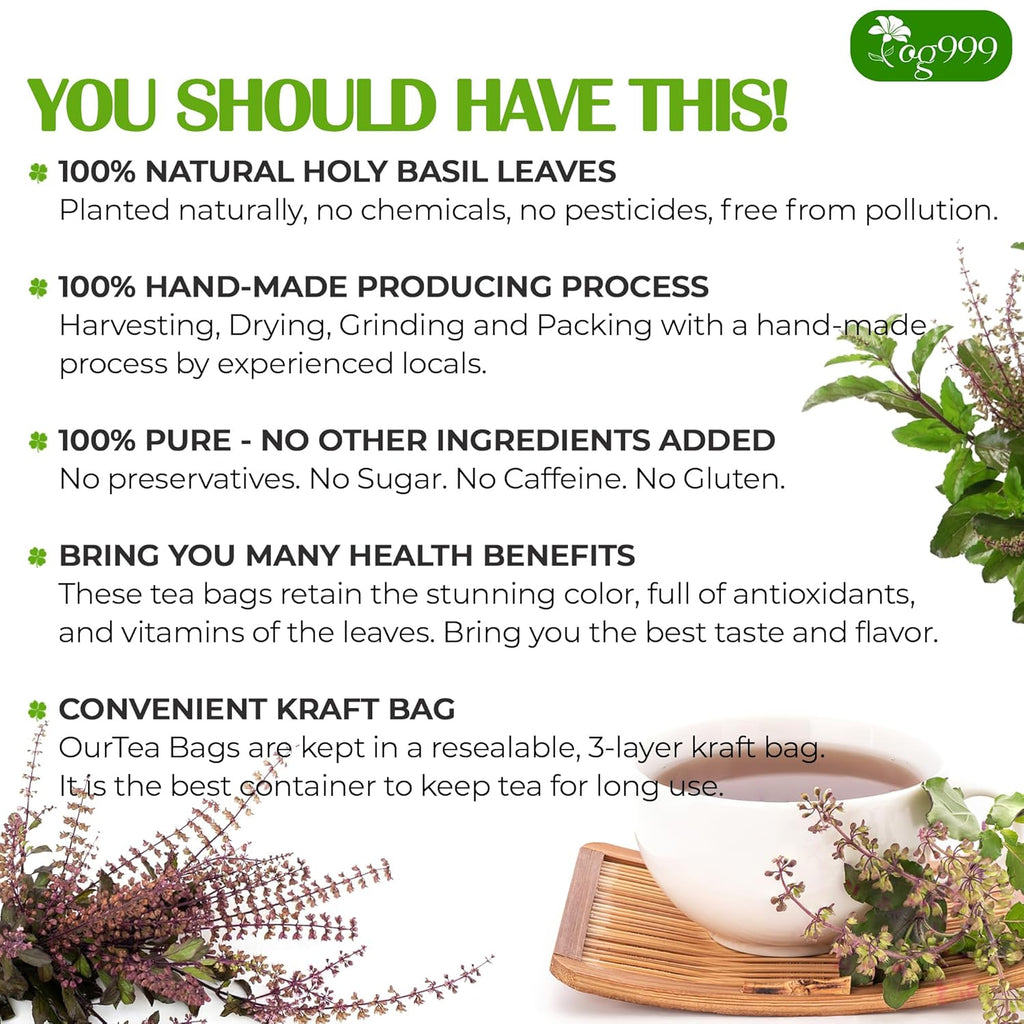 TOG999, Premium 120 Holy Basil Leaf Tea Bags, 100% Natural & Pure, Loose Leaf Herbal Tea. Holy Basil Leaf Tea. No Sugar, No Caffeine, No Gluten, Vegan.