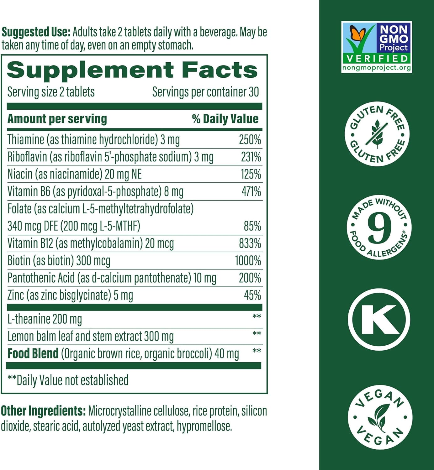 MegaFood L-Theanine & Vitamin B Complex - 200 mg L Theanine Supplement with B Complex Vitamins for Women & Men - Plus Lemon Balm Leaf & Zinc - Vegan, Gluten Free, Non-GMO - 60 Tablets, 30 Servings