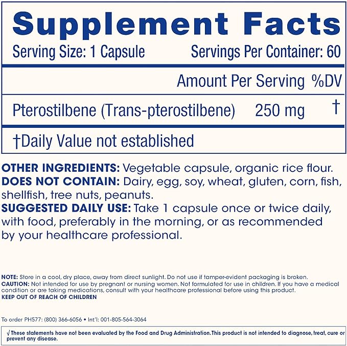 Pterostilbene Supplement (250mg, 60 Capsules) | Clinically Proven, Third-Party Tested Antioxidant for Heart & Brain Health | Activates Longevity Genes (3 Pack)