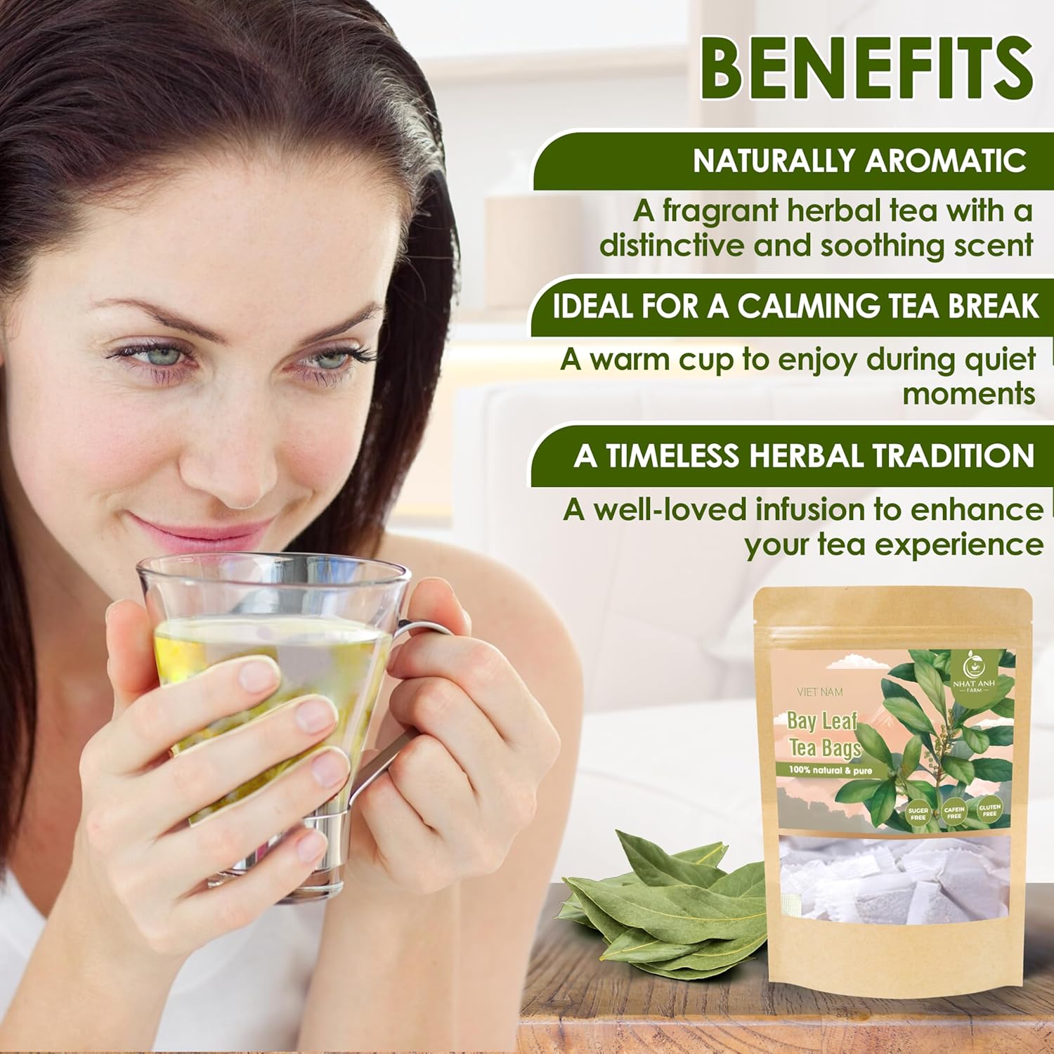 NHAT ANH FARM - Premium Bay Leaf Tea Bags, 100 Tea Bags, 100% Natural Dried Bay Leaf, Sugar-Free, Caffeine-Free, No Additives. Herbal Infusion For Daily Wellness