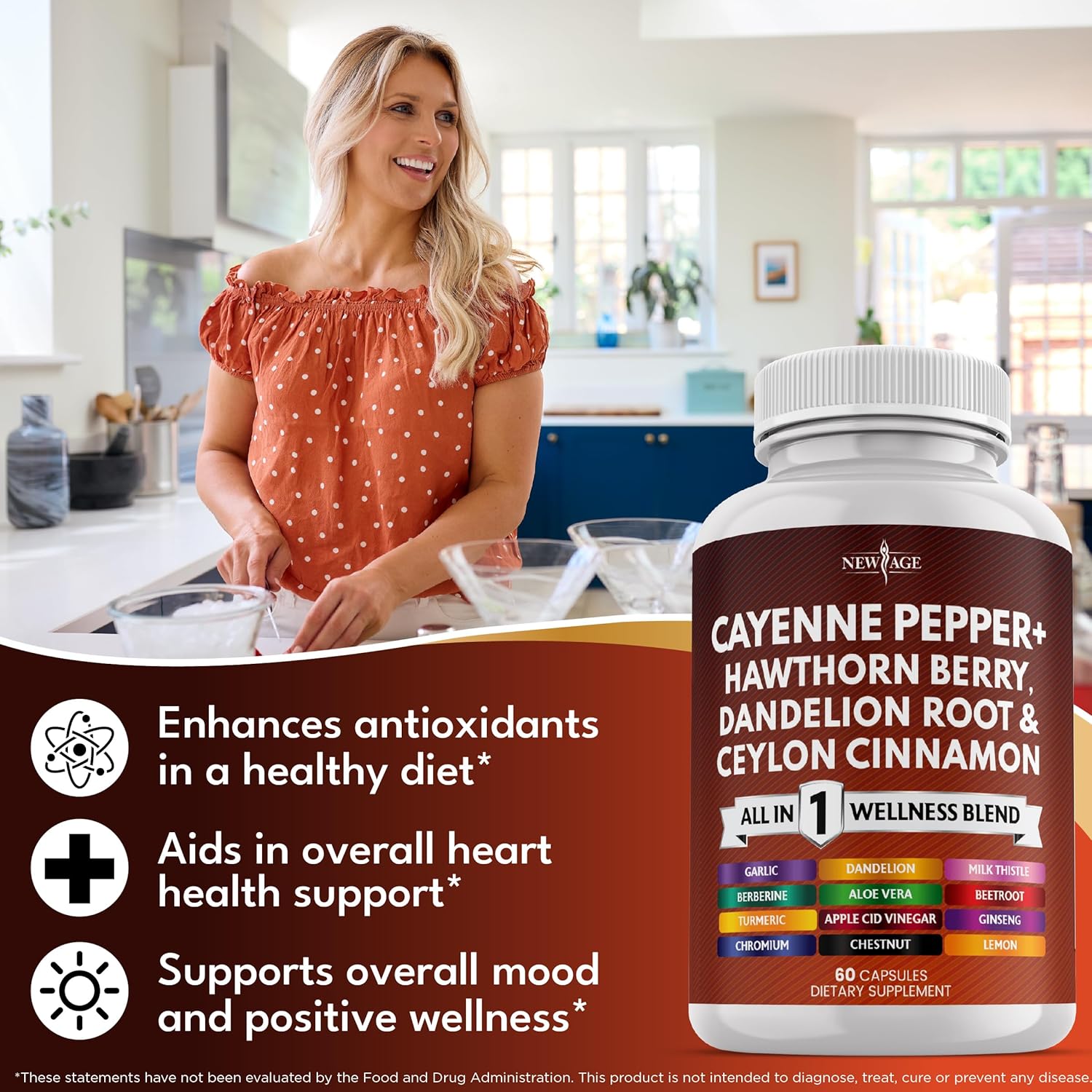 NEW AGE Cayenne Pepper Capsules Supplement with Hawthorn Berry, Dandelion Root, Ceylon Cinnamon, Garlic, Ginger, ACV, Milk Thistle, Beet Root, Aloe Vera - 60 Count