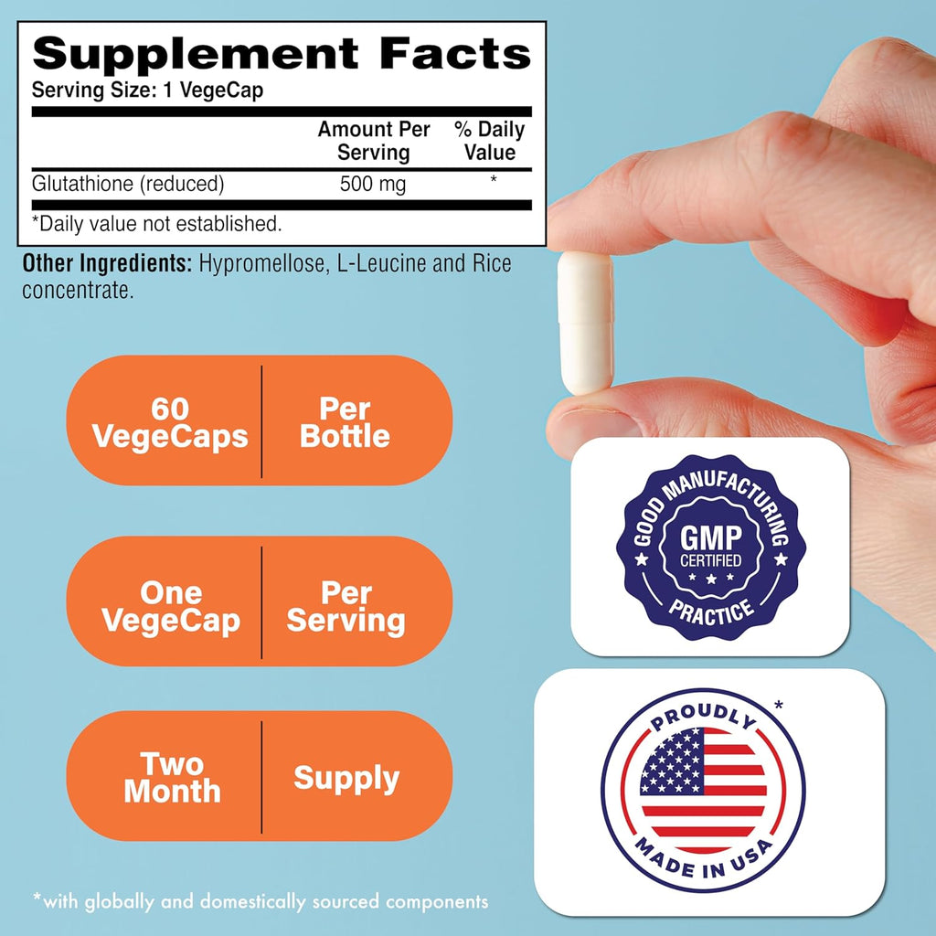 Health Thru Nutrition Glutathione Reduced 500mg Vegecaps | Vegan Certified | Fermented | Non GMO and Hypoallergenic | Master Antioxidant | Healthy Skin and Cellular Aging Support (Pack of 60)