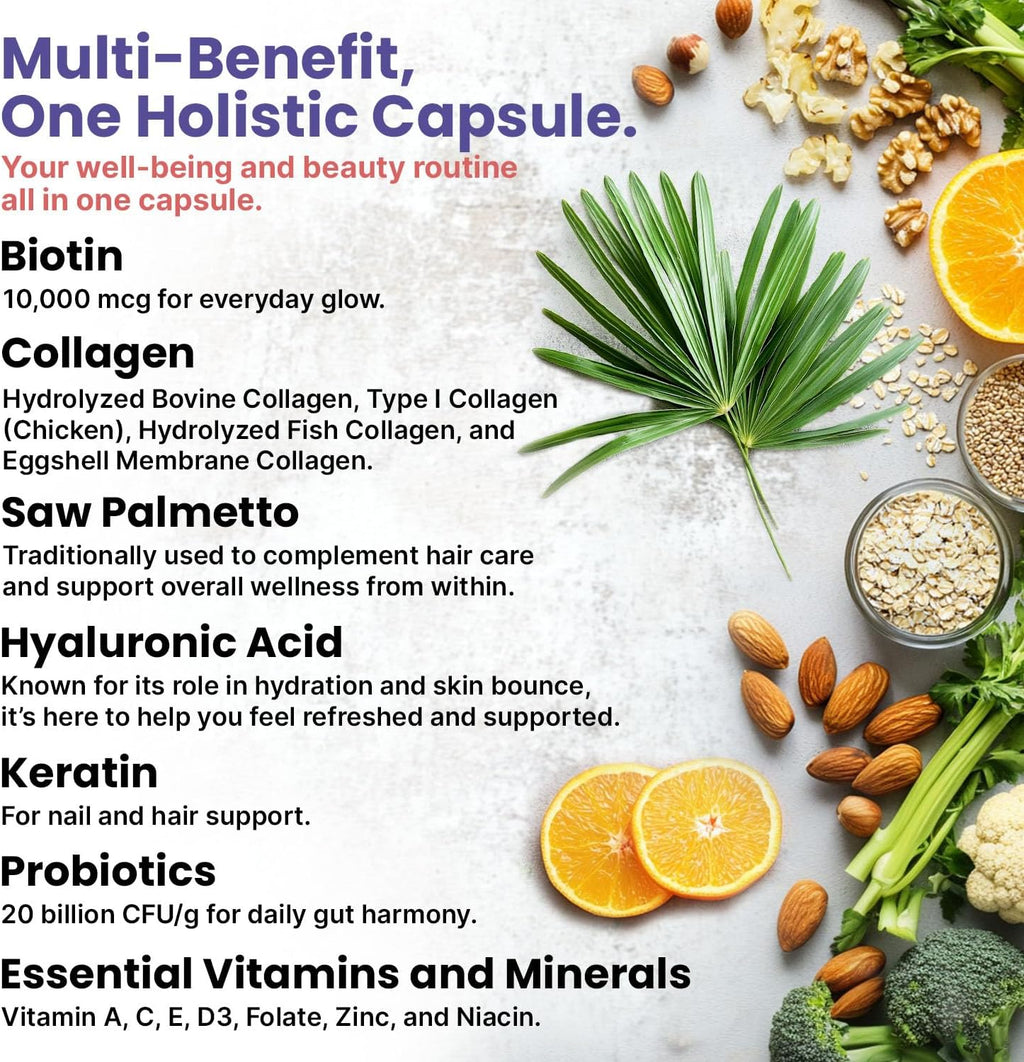 27-in-1 Hair Skin and Nails Vitamins (6810mg) with Biotin 10000mcg - Collagen Supplements for Men and Women - Keratin Supplements with Probiotics and Saw Palmetto, 90ct